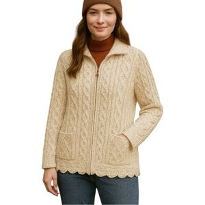 Inis Crafts Cardigan Merino Wool Cable Knit Cream Size Medium